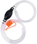 Gasoline siphon pump with two clear PVC hoses, black handheld pump, and orange connector