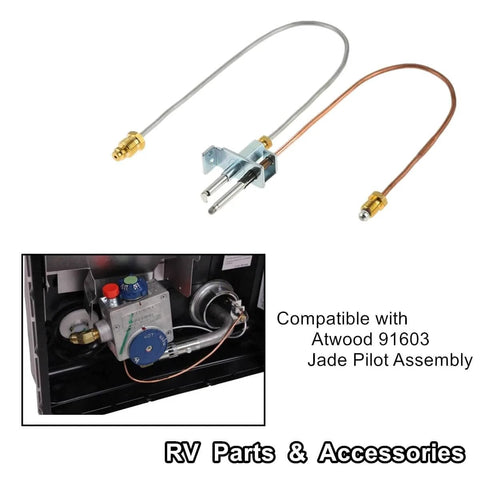 Front view water heater pilot assembly for Atwood 91603 Jade with copper and steel supply lines