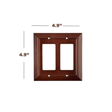 Brown Wood Grain Outlet Covers Four Pack For Decorator Duplex Toggle And Combo Switch Plates 1 Gang Durable Bamboo Fiber Wall Plates With Easy Install Rustic Mahogany Look, shown with dimensions 4.9x4.9 inches