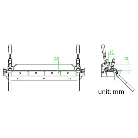 24 Inch Heavy Duty Sheet Metal Brake Bender for 18 Gauge Steel, adjustable 0 to 135 degrees, technical dimensions diagram
