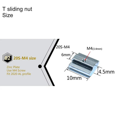 Sliding T Nuts M4 Thread For 2020 Series T Slot Aluminum Extrusion 6mm Profile Hammer Head Slide In Zinc Plated Carbon Steel with Measurements