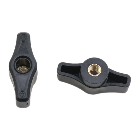 Close-up of Four Pack Quarter Twenty Thru Knobs for T Track Woodworking Jigs featuring ergonomic black design and threaded inserts.