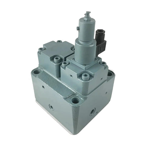 Front view of a gray hydraulic valve block with proportional relief and flow-control.
