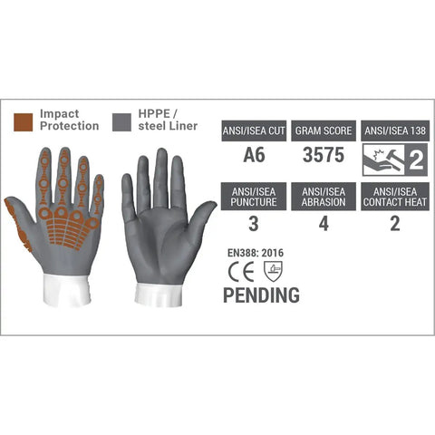 Diagram of Cut Resistant Impact Protection Breathable Work Gloves Chrome SLT Series 4073 Large with impact ratings and certifications.