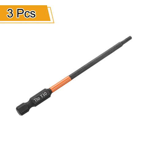 Heavy Duty T10 Torx Screwdriver Bits 4 Inch Long 1/4 Inch Hex Shank 3 Pack Real Deal S2 Steel showing a 100mm bit.