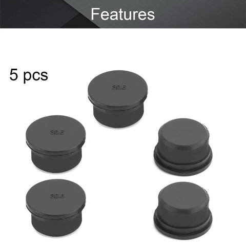 Premium Quality Heavy Duty 5 Pack Black Rubber Stopper Plugs Rock Solid Seal Hole Insert Grommet For Cable Gland Badass Insulation Snug Fit Wiring Harness Kit, five black rubber stoppers with a smooth surface.