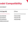 Model compatibility list for Lower Spray Arm With Heat Shield For Dishwashers Model 5304518927 showing Frigidaire models.