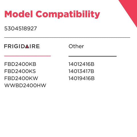 Model compatibility list for Lower Spray Arm With Heat Shield For Dishwashers Model 5304518927 showing Frigidaire models.