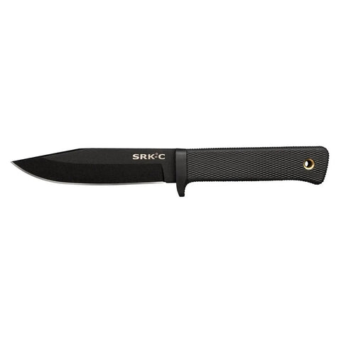 SRK Compact Fixed Blade Knife with 5 inch SK-5 clip point razor sharp blade and 4.5 inch durable Kray-Ex handle, side view.