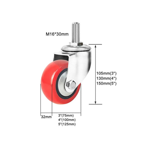 Heavy Duty Swivel Caster Wheels With Brakes PU Castors M Threaded Stem 360 Degree Rotation dimensions shown
