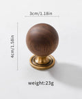 Walnut wood sphere knob with copper base, 4cm height, 3cm diameter, 23g weight. Part of the 10 Pack Walnut Wood Sphere Cabinet Pulls With Copper Base 1.18 Inch Drawer Knobs For Dresser Wardrobe Cupboard Cabinets And Furniture Ideal Replacement Hardware For Kitchen And Home Renovations.