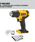 Cordless Heat Gun With LED Light And Lock On Convenience, No Cord, All Power, Hits Up To 990 Fahrenheit, Roughly 42 Minutes Runtime Per Charge, Includes Flat And Hook Nozzle Attachments, Tool Only DCE530B with attachments.