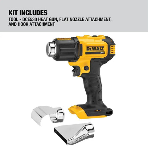 Cordless Heat Gun With LED Light And Lock On Convenience, No Cord, All Power, Hits Up To 990 Fahrenheit, Roughly 42 Minutes Runtime Per Charge, Includes Flat And Hook Nozzle Attachments, Tool Only DCE530B with attachments.