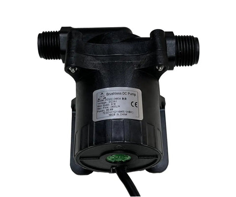 24V Micro Brushless DC Water Circulation Pump Runs Buttery Smooth And Dead Quiet Adjustable Speed Control Heavy Duty Build For Hydroponics Cooling Garden Irrigation And Pressure Setups Delivers 634 Gph Up To 26 Ft Lift Zero Hassle Installation, close-up view showcasing outlet connectors and label.