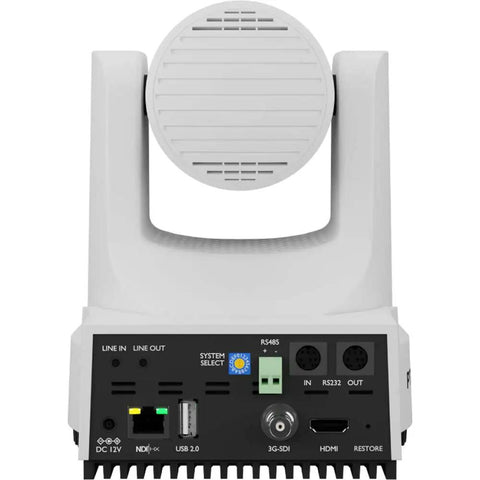 Back view of a PTZ camera featuring SDI, HDMI, USB ports, and connection options, part of the Straight Fire Bundle Featuring Five 4K PTZ Cameras With 20x Optical Zoom And SDI HDMI USB IP Support Plus One Smooth Joystick Controller And Five White Wall Mounts For Streamers.