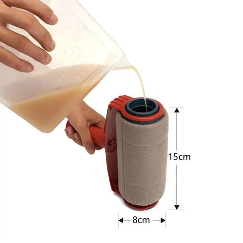 High Capacity Non Drip Paint Roller Built For Textured Walls Holds Heavy Coats Of Paint in use, pouring paint into the roller.