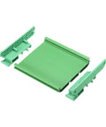 Green PVC PCB DIN Rail Mount Carrier For 90 x 110mm Boards shown disassembled with clips, easy install for industrial use