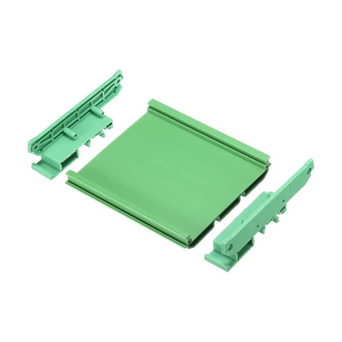 Green PVC PCB DIN Rail Mount Carrier For 90 x 110mm Boards shown disassembled with clips, easy install for industrial use