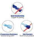 Diagram showing 3 features of the T Tap Wire Connectors Kit 60 Pieces 30 Pairs Self Stripping Plug And Play Ready Quick Wire Splice Taps