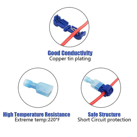 Diagram showing 3 features of the T Tap Wire Connectors Kit 60 Pieces 30 Pairs Self Stripping Plug And Play Ready Quick Wire Splice Taps