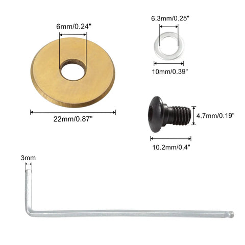 Top Shelf Replacement Cutting Wheel For Tile Cutters And Glass Nippers Built Tough High Strength Tungsten Carbide Scoring Blades Easy Swap Kit With Hardware And Hex Wrench parts including washer, screw, and hex wrench.