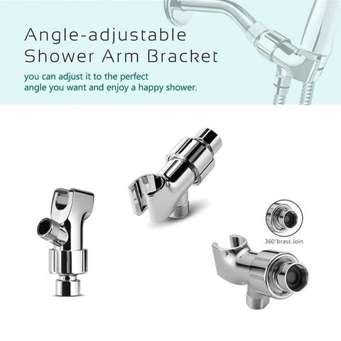 Angle-adjustable shower arm bracket in chrome finish, shown in multiple views with connection details and 360-degree joint.