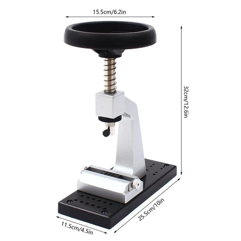 Adjustable Watch Case Back Opener Bench Tool for screw down snap off covers, silver and black, measurement labels visible