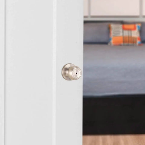 Coastal Style Door Knob With Lock For Bedroom Or Bathroom No Fuss Install Fits 1 3 8 To 1 3 4 Inch Doors Satin Nickel Finish Brass Core
