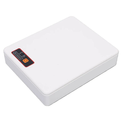 Top Tier Mini UPS Battery Backup With Us Plug Powers Routers And Modems Up To 18W delivering 16000mAh, compact white design.