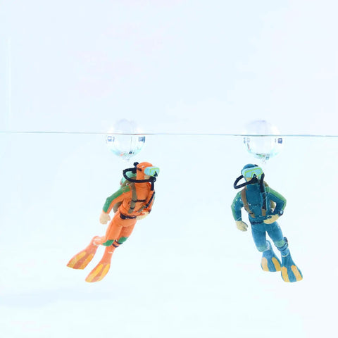 Two Pack Floating Diver Aquarium Decorations Cute Cartoon Fish Playmate That Glows In The Dark Includes Floating Balls And String For Easy Tank Setup Fun Kid Friendly Tank Accessories."