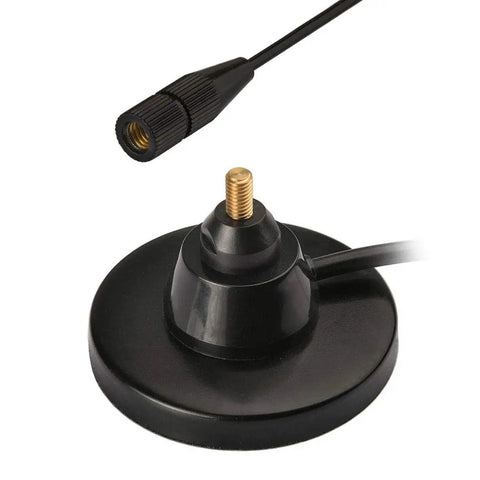 Dual Band Car Ham Radio Antenna With Rock Solid Magnetic Base showing connector and magnetic vehicle mount.
