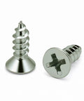 Heavy Duty Size 6 X 1/2 Inch Stainless Steel Flat Head Wood Screws, Slick Phillips Drive For Hassle Free Building, 304 Rust Proof Steel Crafted For Rugged Indoors Or Outdoors Work, Rock Solid Grip In 100 Count Box, two screws displayed.