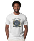 Vintage Mechanical Engineer T-Shirt With Blueprint And Gear Prints For Garage Tinkerers Cool Gift Tee For Real Deal Guys Who Love Engine Diagram Art, model wearing white tee with engine graphic.