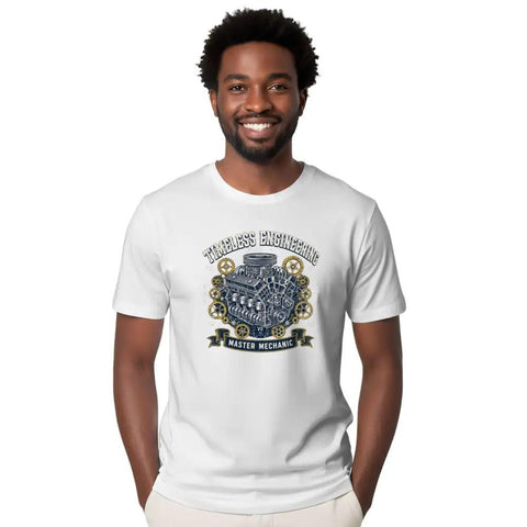 Vintage Mechanical Engineer T-Shirt With Blueprint And Gear Prints For Garage Tinkerers Cool Gift Tee For Real Deal Guys Who Love Engine Diagram Art, model wearing white tee with engine graphic.