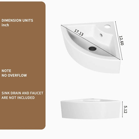 Triangle Corner Sink for Bathroom, Wall Mounted Ceramic Vessel Sink, White Gloss Finish, showing dimensions for space-saving design.