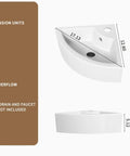 Triangle Corner Sink for Bathroom, Wall Mounted Ceramic Vessel Sink, White Gloss Finish Space-Saving Design showing dimensions and angle.