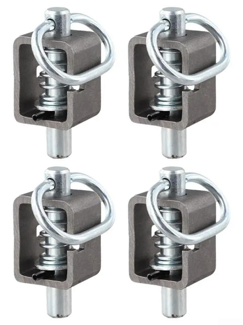 Badass Heavy Duty Trailer Gate Spring Latch Assembly Weld On Five Eighth Inch Steel Tube Build for Toughest Haul Jobs, four steel latches with spring pins.