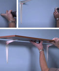 Rock Solid Heavy Duty White Shelf Brackets 10 Pack shown during installation on wall with wood plank being mounted.