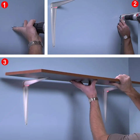 Rock Solid Heavy Duty White Shelf Brackets 10 Pack shown during installation on wall with wood plank being mounted.