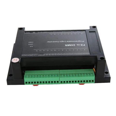 FX1N-24MR style PLC controller with green terminal blocks, black compact body. Beefy 24V PLC Controller For Industrial Automation.