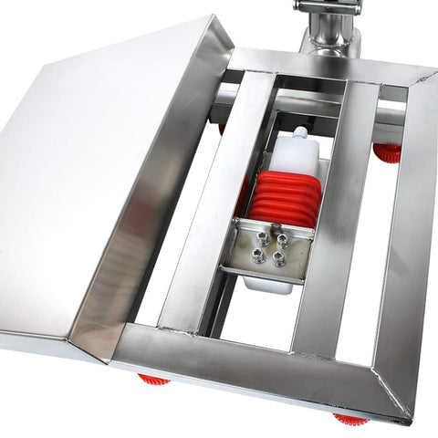 Built Tough Folding Platform Scale With Sharp Digital Readout And Plug In Rechargeable Base For Heavy Lifting At The Warehouse Or Managing Bustling Shipping Depots Up To Eight Hundred Eighty Pounds showing stainless steel deck and red accents.