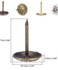 Premium Antique Brass Upholstery Tacks 120 Pack featuring 7 16 inch heads displayed with measurements for easy reference.
