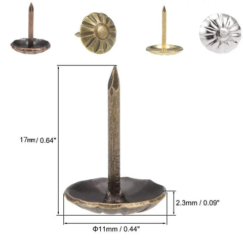 Premium Antique Brass Upholstery Tacks 120 Pack featuring 7 16 inch heads displayed with measurements for easy reference.