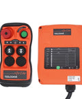 Q200 wireless crane remote kit: orange handheld transmitter and orange receiver unit; brand label visible.