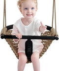 Child sitting on Two In One Baby And Toddler Swing With Adjustable Rope Seat For Indoor And Outdoor Fun, light brown swing seat