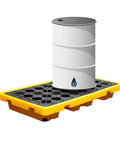 Industrial Spill Containment Pallet With Anti Leak Grating Platform And No Slip Surface, Forklift Ready Oil Spill Tray, 130x68x15 cm, showing oil drum