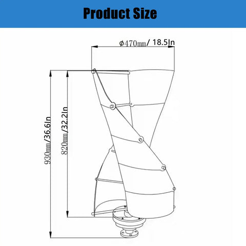 Technical diagram of 20000W Vertical Wind Turbine Kit showing dimensions for home power generation 12V
