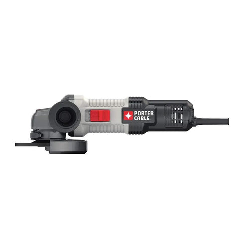 Side view of Angle Grinder Tool Four And A Half Inch, 6 Amp with Multi-Position Handle, spindle lock, tool-free guard.