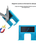 Drill Free Magnetic Hinge Mounting Guide For Quick Door Install And Drawer Latch Setup Adjustable Jig, blue with caliper