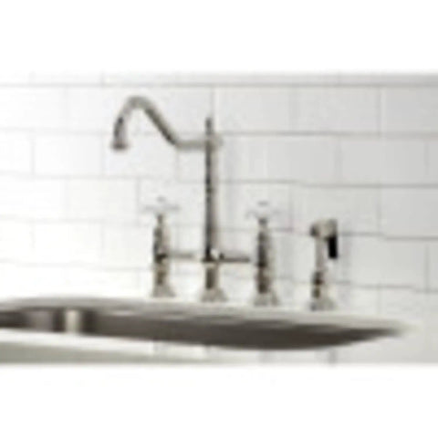 Heritage Bridge Kitchen Faucet With Two Handles And Metal Side Sprayer, 8 Inch Center Spacing, 4 Hole Mount, Dope Polished Chrome